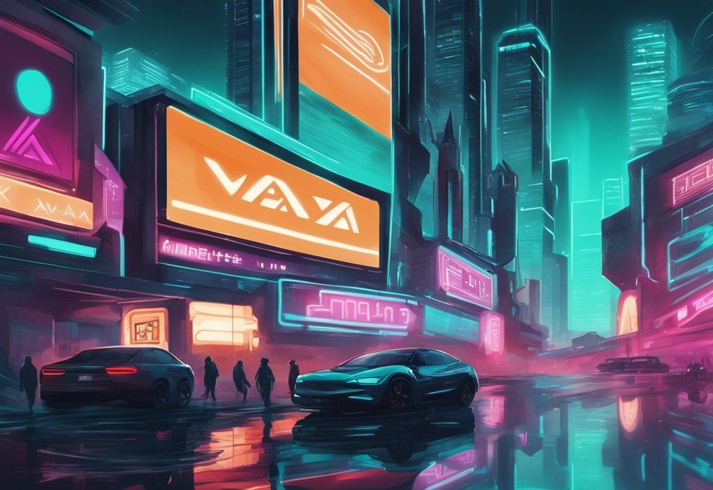 Illustration numérique moderne d'une ville futuriste avec des néons, affichant les logos de Solana et Avax, thème de couleur principale teal.