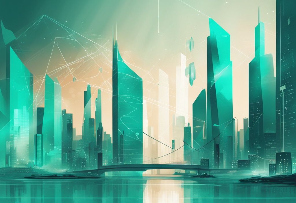 Illustration numérique moderne d'une skyline futuriste avec des projections de graphiques représentant les prévisions solana 2030, thème de couleur principale : turquoise.