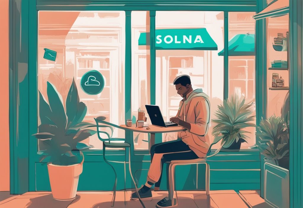 Illustration numérique moderne d'une personne dans un café français naviguant sur un ordinateur portable avec un graphique de cryptomonnaie Solana et un bouton "Acheter Maintenant" bien visible.