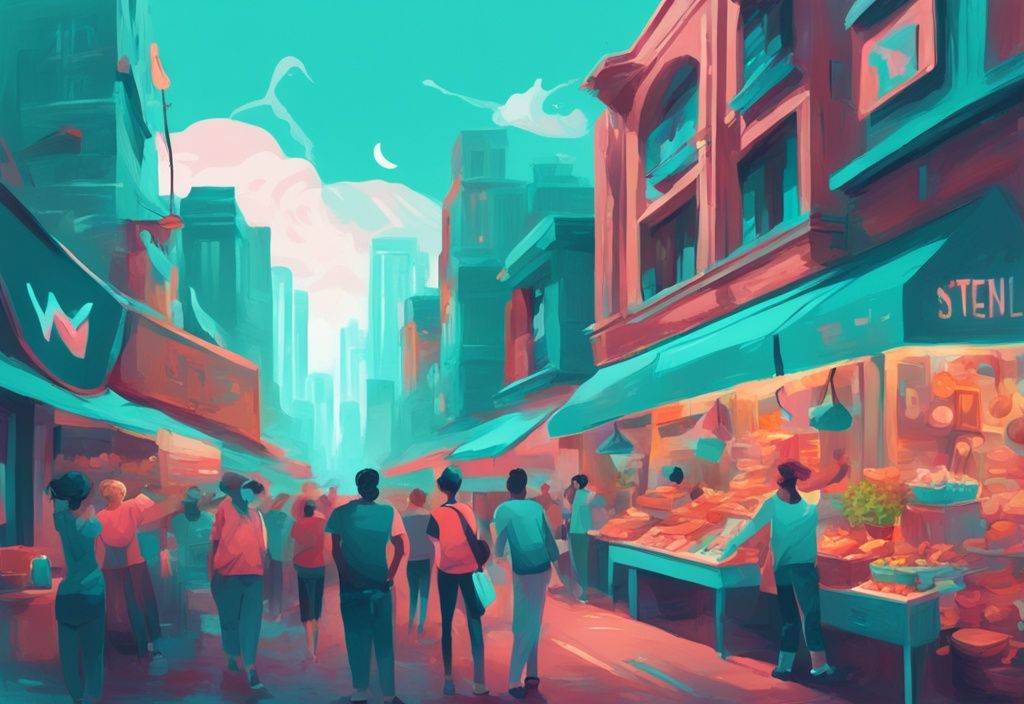 Illustration numérique moderne d'un marché en ligne animé avec des utilisateurs échangeant et achetant des NFT Solana vibrants, thème de couleur principal turquoise.