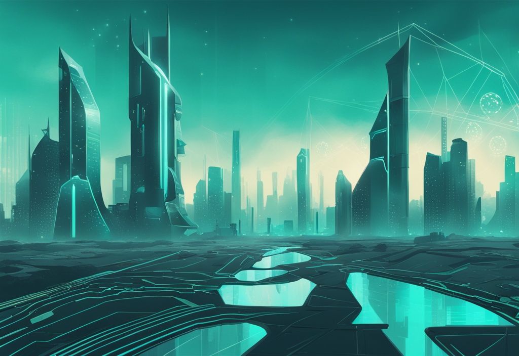 Illustration numérique moderne d'une ville futuriste en teinte turquoise avec un graphique montrant la progression du prix du token Solana jusqu'en 2025.