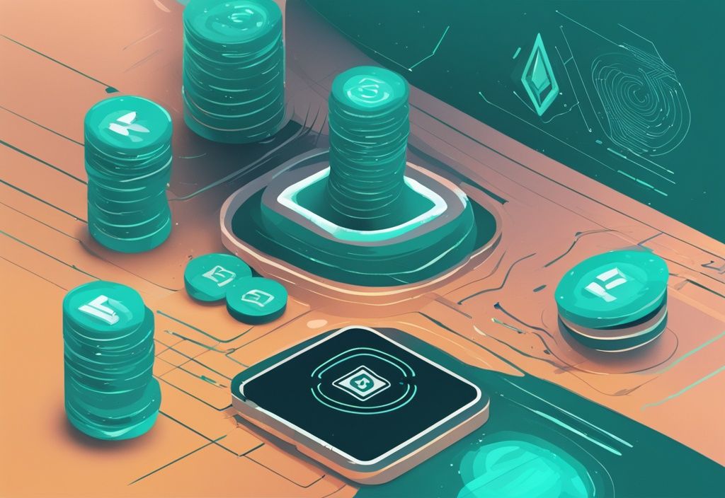 Illustration numérique moderne de l'interface de jalonnement de la cryptomonnaie Solana avec thème de couleur turquoise, incluant un graphique des rendements potentiels, un bouton de démarrage et le logo Solana.