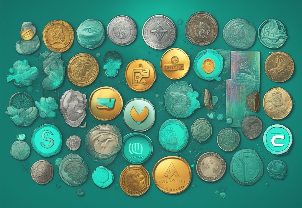 Illustration numérique moderne avec des logos colorés de top meme coins sur le réseau Solana, thème de couleur principal teal.