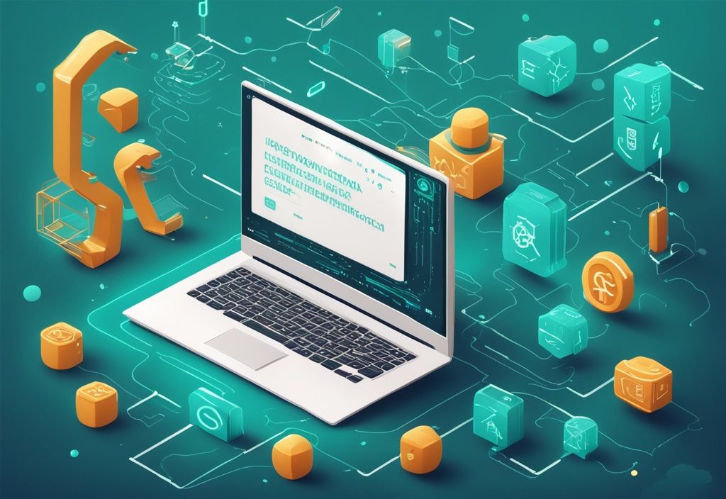 Illustration numérique moderne avec contrat digital 3D et logo Solana, entouré d'icônes miniatures de blockchains et symboles de codage, thème de couleur teal.