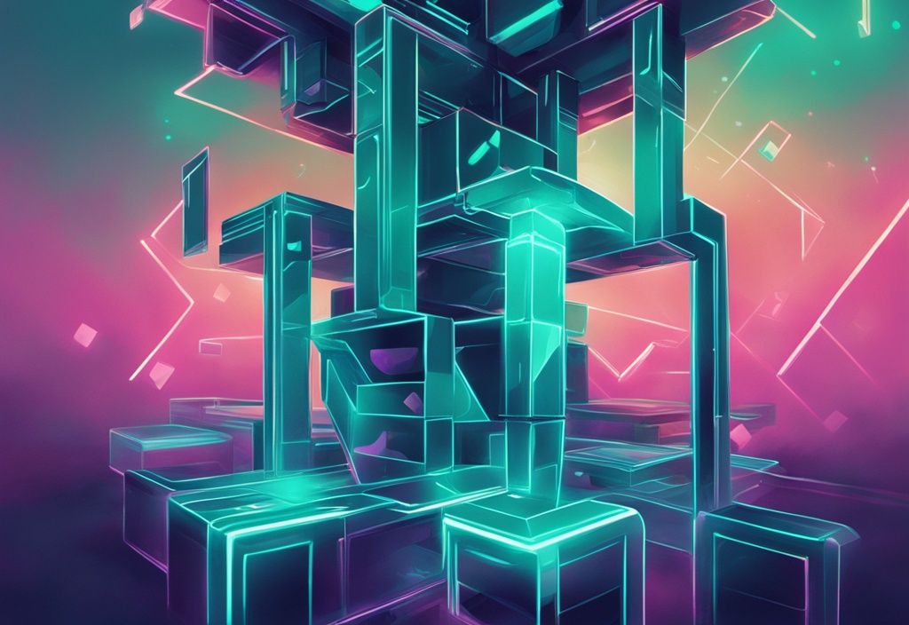 Illustration numérique moderne de blocs digitaux entrelacés et lumineux, représentant la technologie blockchain Stacker Solana, avec une dominante de couleur turquoise.