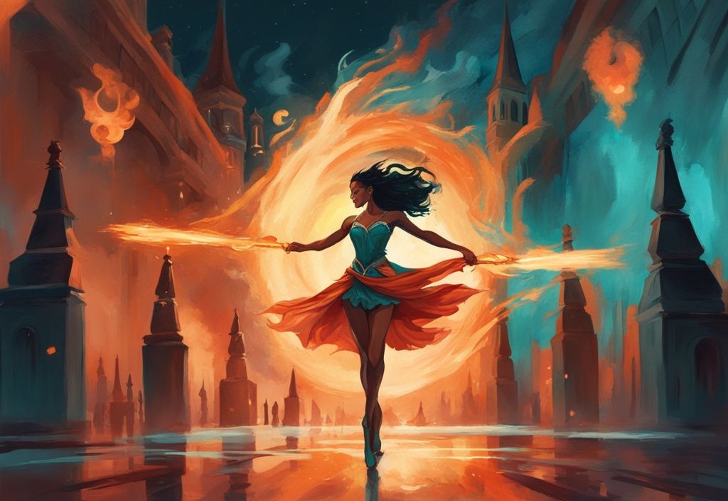 Danseuse de feu Solana virevoltant avec des bâtons enflammés devant l'architecture distinctive de la ville de Solana, sous un ciel nocturne enchanteur, illustration numérique moderne en teinte de bleu sarcelle.