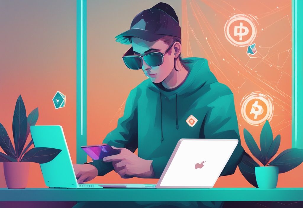 Illustration numérique moderne en couleur teal d'une personne utilisant son ordinateur pour ajouter Solana à MetaMask.