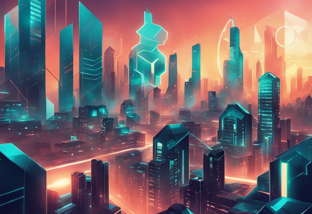 Illustration numérique moderne d'une ville futuriste au lever du soleil avec le symbole de la blockchain Solana, thème principal en teal.