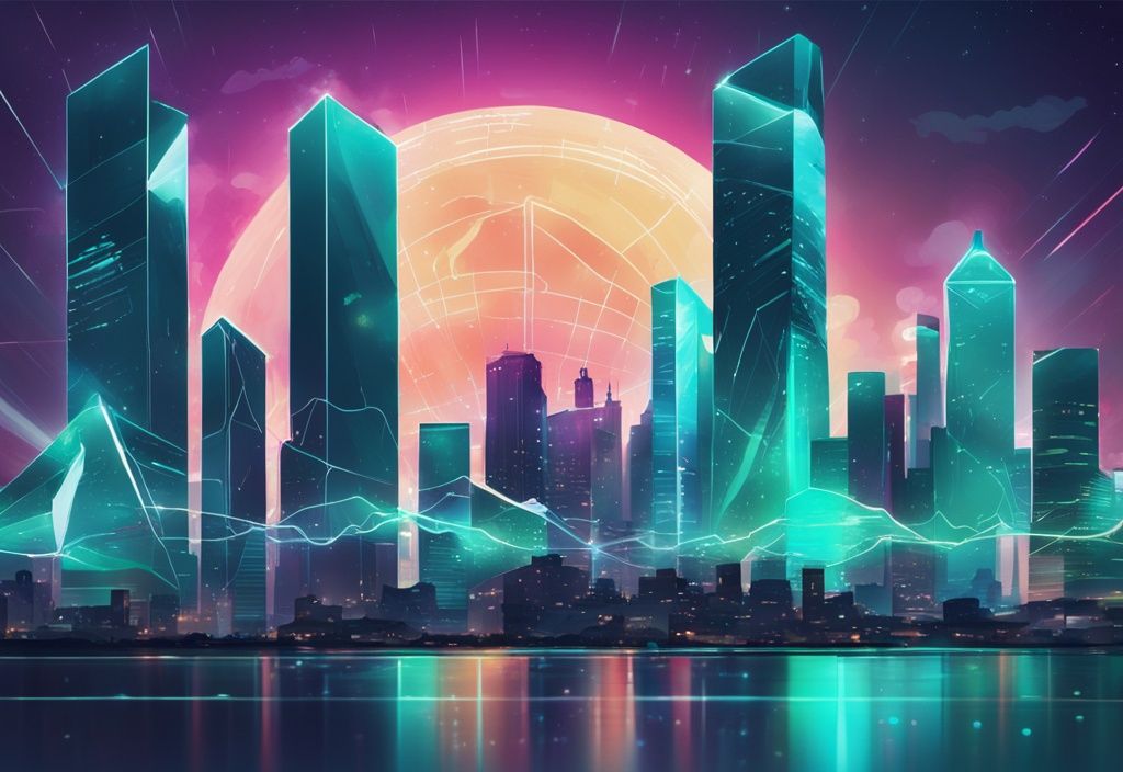 Illustration numérique moderne avec thème de couleur teal, graphique dynamique montrant la croissance rapide de la cryptomonnaie EGLD ou Solana, et skyline lumineuse d'une ville la nuit.