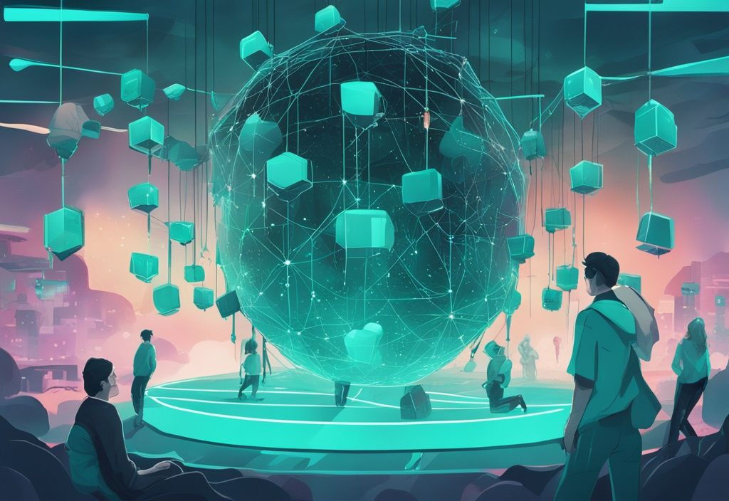 Illustration numérique moderne d'une transaction d'airdrop sur la blockchain Solana, avec des nœuds illuminés et des connexions réseau, thème de couleur teal.