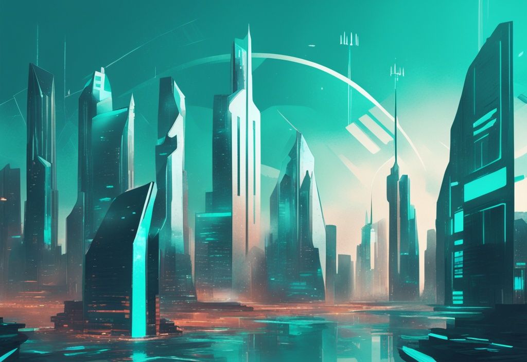 Peinture numérique moderne illustrant une ville futuriste avec un thème de couleur bleu sarcelle et un graphique montrant la progression du prix de Solana jusqu'en 2025.