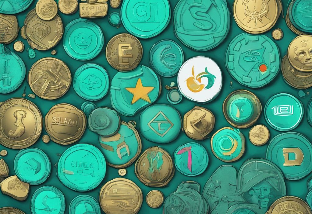 Illustration numérique moderne avec des logos colorés de top meme coins sur le réseau Solana, thème principal en bleu sarcelle.