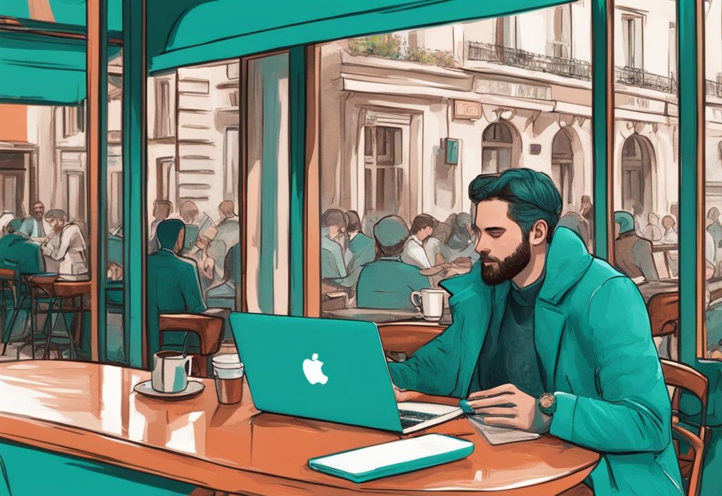 Personne française dans un café parisien utilisant un ordinateur portable pour naviguer sur un échange de cryptomonnaie avec la monnaie Solana mise en avant, comment acheter solana en france.