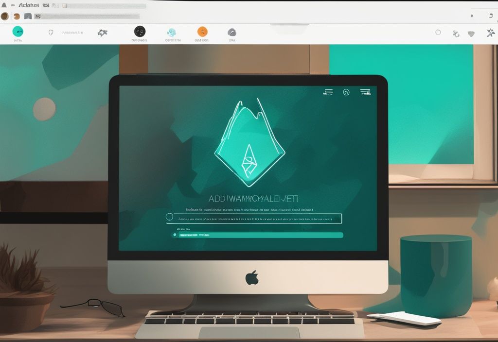 Illustration numérique moderne d'un écran d'ordinateur avec l'application MetaMask ouverte, le curseur pointant vers le bouton 'Ajouter un réseau' et une fenêtre pop-up affichant le logo et les informations de Solana, thème de couleur teal.