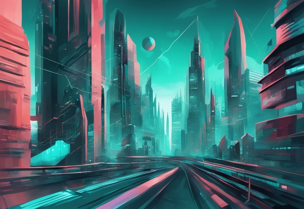 Peinture numérique moderne d'une skyline futuriste avec des graphiques numériques montrant la prévision Solana 2025, couleurs vibrantes et thème principal en teal.