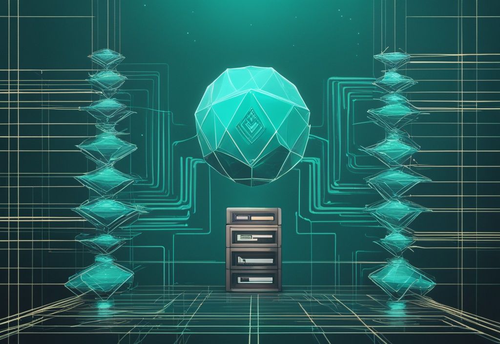 Illustration numérique moderne de Stacker Solana en teinte turquoise, représentant un réseau de cryptomonnaie décentralisé avec des nœuds empilés mis en évidence.