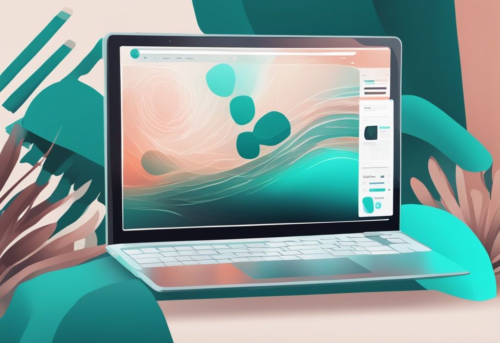 Illustration numérique moderne avec un thème de couleur teal montrant un écran d'ordinateur portable affichant la procédure étape par étape de comment avoir une adresse solana sur la plateforme blockchain Solana.