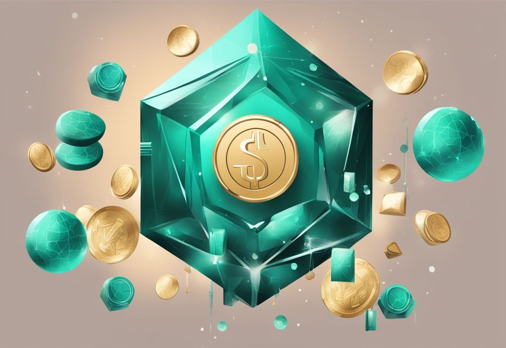 Illustration numérique moderne avec logo Solana brillant, entouré de pièces flottantes représentant l'écosystème crypto diversifié sur la blockchain Solana, thème de couleur principale : turquoise.