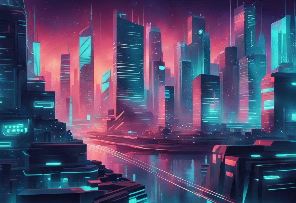 Illustration numérique moderne d'une ville futuriste illuminée par des néons avec des superpositions holographiques représentant les réseaux de cryptomonnaies Solana ou AVAX.