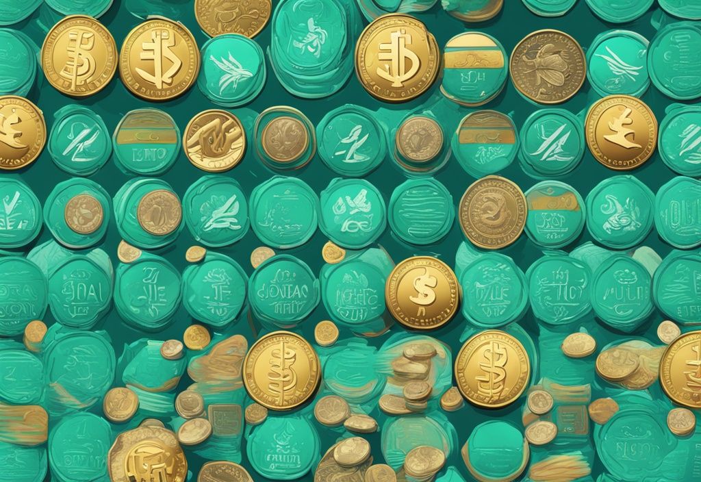 Illustration numérique moderne avec thème principal en turquoise, affichant une liste de Solana meme coins populaires avec leurs logos colorés, organisés de manière catégorisée.