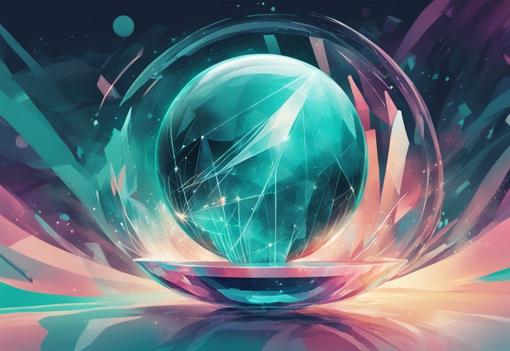 Illustration numérique moderne avec boule de cristal émettant des flux de données et chiffres sur une représentation abstraite de la blockchain Solana, prédictions futures pour 2024, thème couleur turquoise