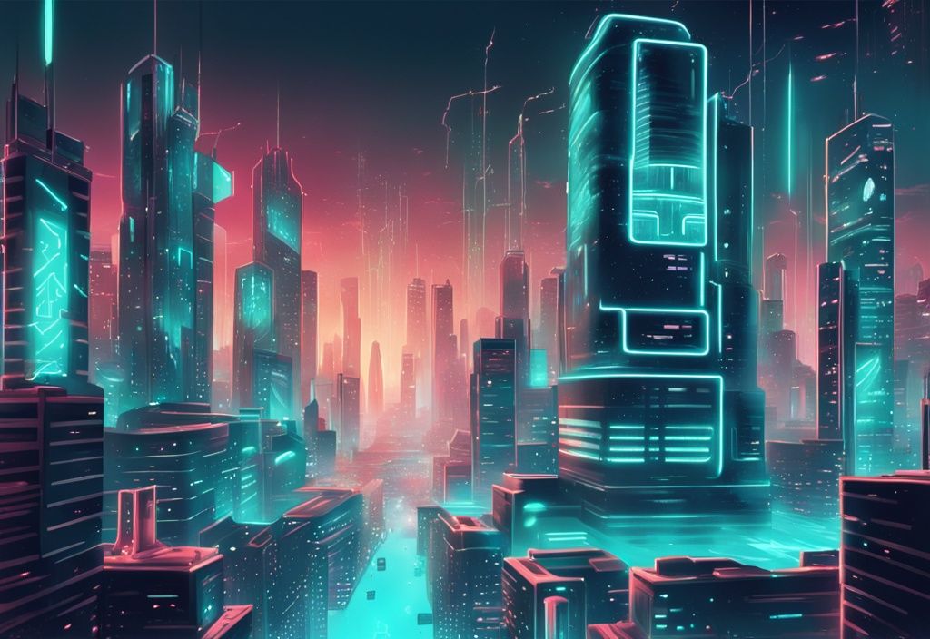 Illustration numérique futuriste d'une ville cybernétique représentant la blockchain Solana, éclairée par des néons, avec des logos crypto flottant comme des gratte-ciels, thème principal en teal - crypto sur la blockchain Solana.