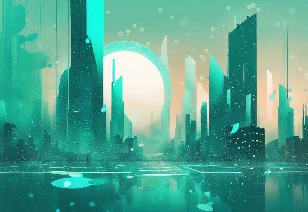 Illustration numérique moderne avec thème de couleur teal, représentant les logos abstraits de Cardano et Solana flottant au-dessus d'une ville futuriste.