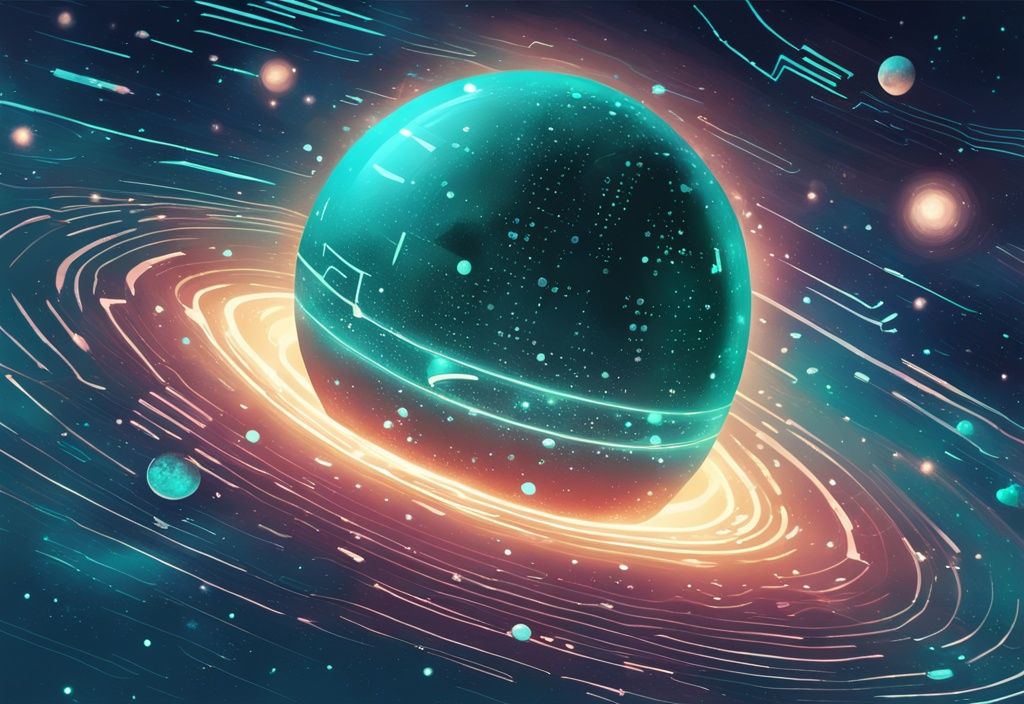 Illustration numérique moderne de Solana Minor, planète blockchain à haute vitesse, brillant dans une galaxie de code binaire, thème couleur turquoise.