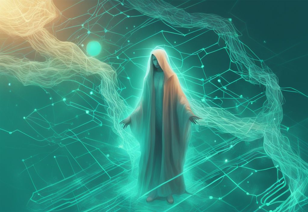 Illustration numérique moderne avec une figure éthérée flottant au-dessus d'une représentation numérisée et lumineuse du réseau blockchain Solana, thème principal en couleur turquoise.