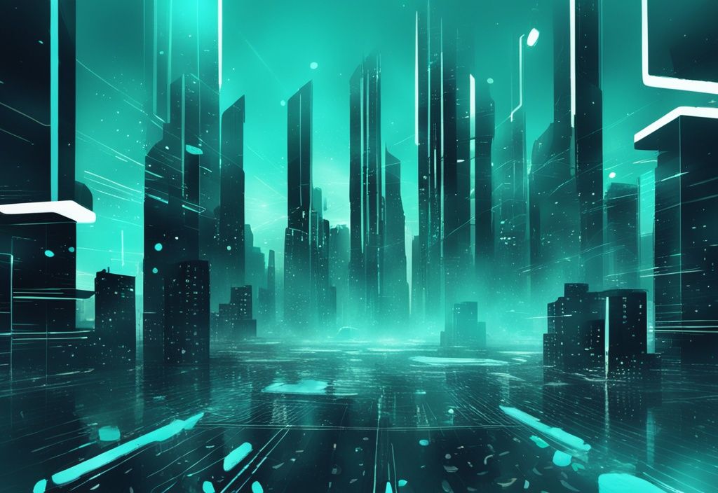 Illustration numérique moderne avec logos abstraits de Cardano et Solana flottant sur une ville futuriste, thème de couleur principal teal.