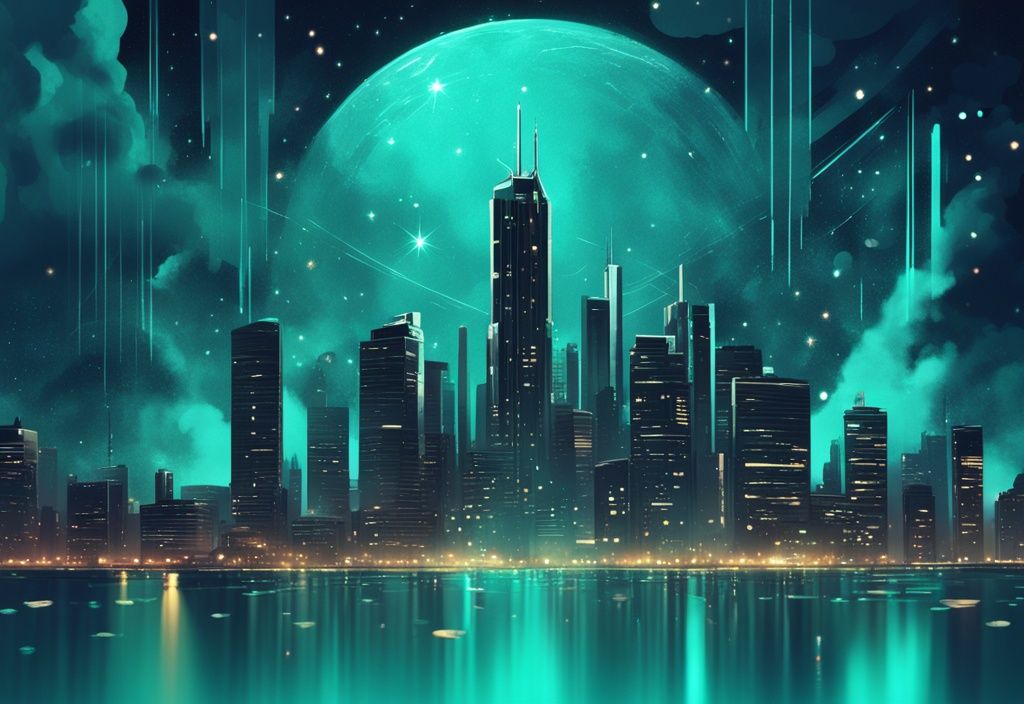 Peinture numérique moderne d'une ville futuriste sous un ciel étoilé avec le symbole brillant de Solana Crypto flottant parmi les gratte-ciels, thème de couleur principale teal.