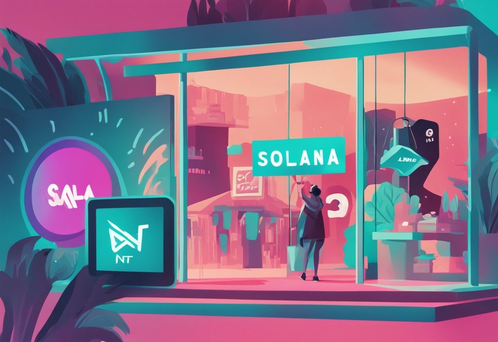 Illustration numérique moderne d'une personne téléchargeant une œuvre d'art sur un marché Solana, avec le logo de Solana et un panneau "NFT à vendre", thème de couleur principale turquoise.