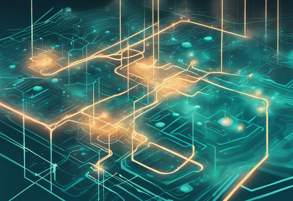 Illustration numérique moderne d'un paysage avec des nœuds lumineux connectés par des lignes vibrantes symbolisant les réseaux blockchain de matic ou solana, thème de couleur principale turquoise.