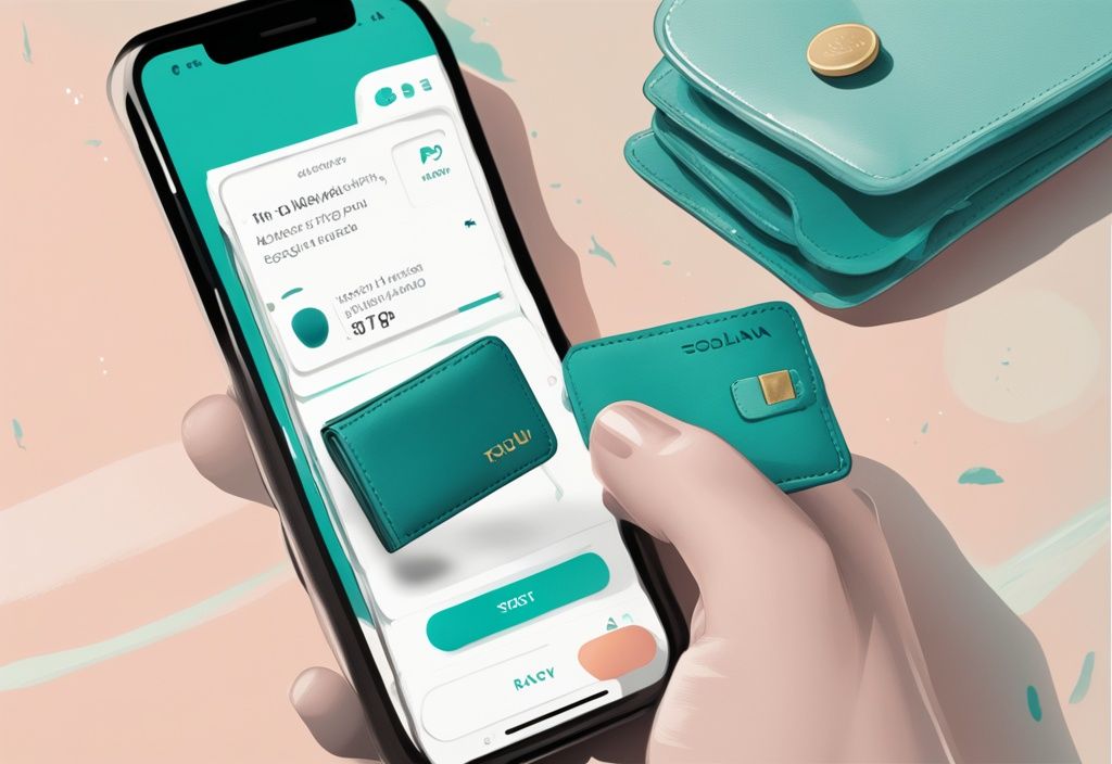 Illustration numérique moderne avec thème de couleur turquoise, smartphone affichant l'application Trust Wallet avec étapes surlignées pour acheter Solana