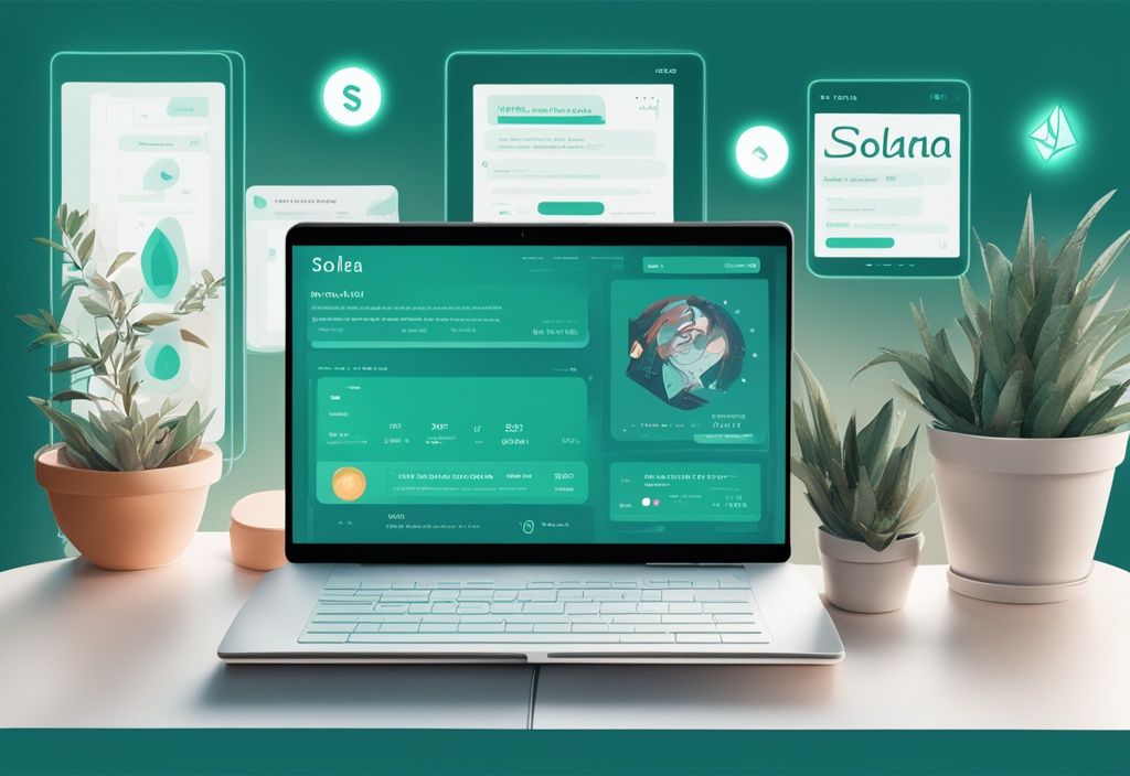 Illustration numérique moderne avec écran d'ordinateur affichant le site de Solana et des avis d'utilisateurs sur la cryptomonnaie Solana, thème de couleur principal turquoise.