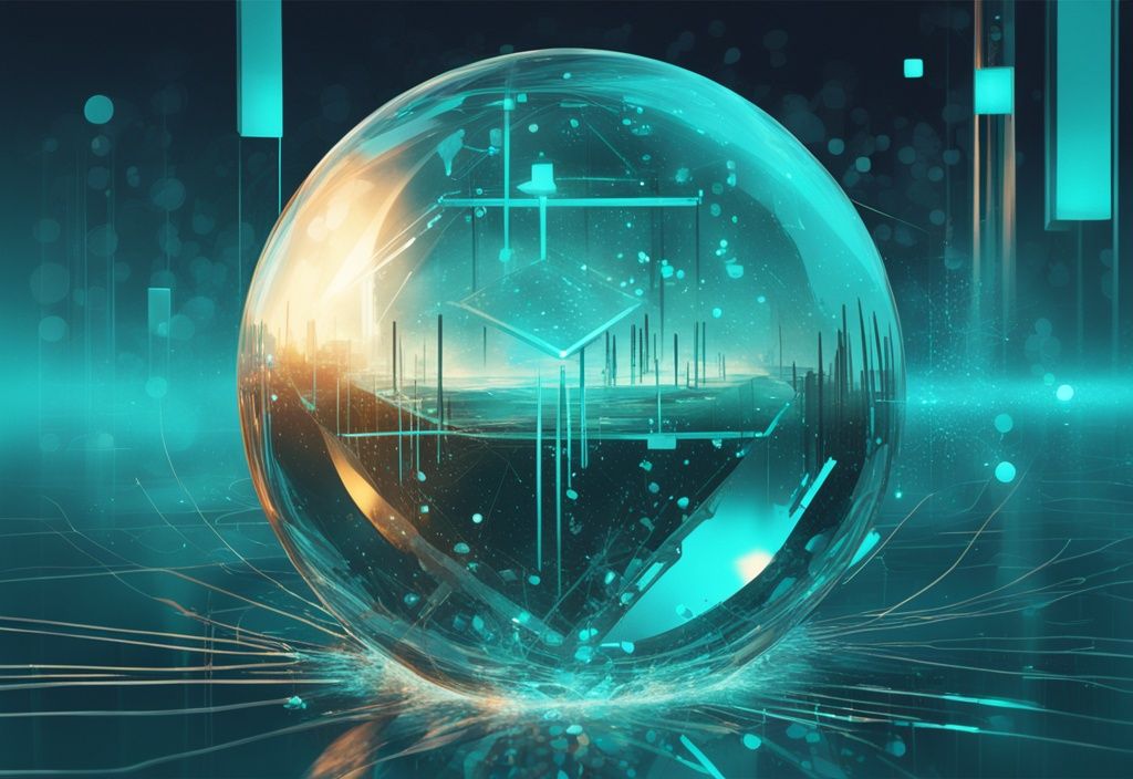 Illustration numérique moderne avec une boule de cristal émettant des flux de données et de chiffres, représentant la blockchain Solana pour les prévisions futures de 2024, thème couleur teal.