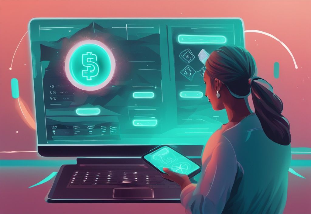 Illustration numérique moderne avec une personne utilisant une plateforme intuitive affichant la cryptomonnaie Solana et un bouton "acheter" en surbrillance, thème couleur teal.