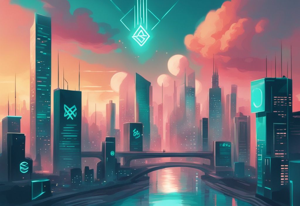 Illustration numérique moderne d'une ville futuriste éclairée par le lever du soleil avec le symbole de la blockchain Solana en surimpression.