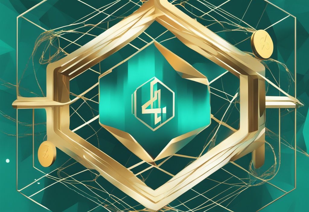 Illustration numérique moderne représentant le réseau blockchain haute vitesse de Solana avec logo et pièces virtuelles, thème de couleur principale turquoise.