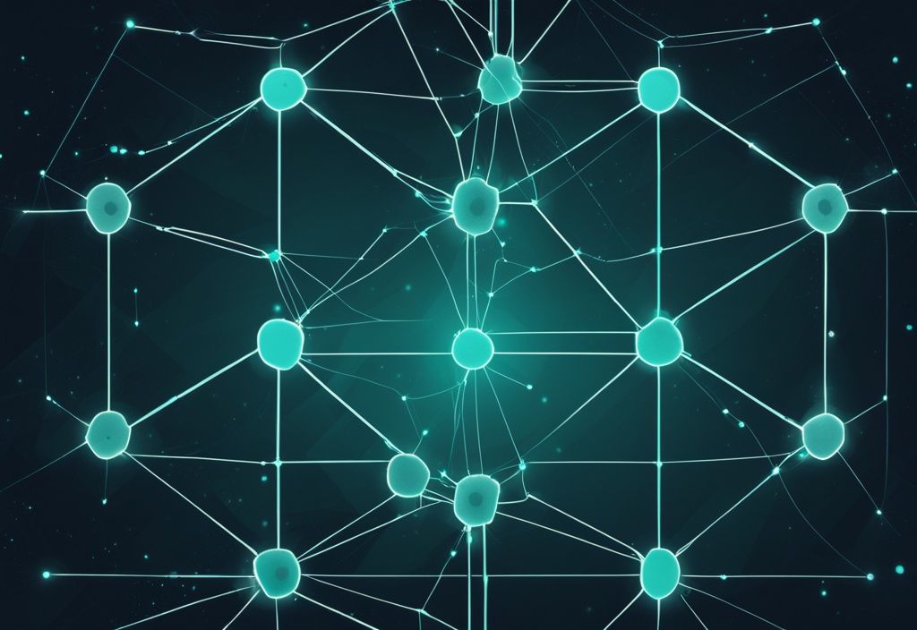 Illustration numérique moderne du réseau blockchain mineur Solana avec des nœuds lumineux interconnectés sur un fond sombre et spatial, thème de couleur principale teal.