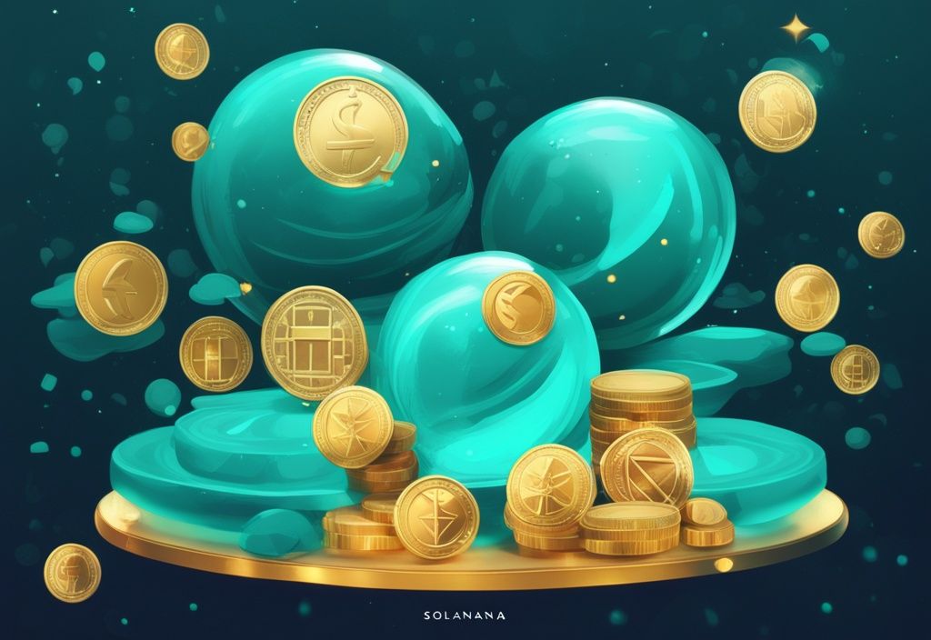 Illustration numérique moderne avec logo Solana brillant et pièces flottantes, thème de couleur principale turquoise, représentant l'écosystème crypto diversifié de la blockchain Solana.