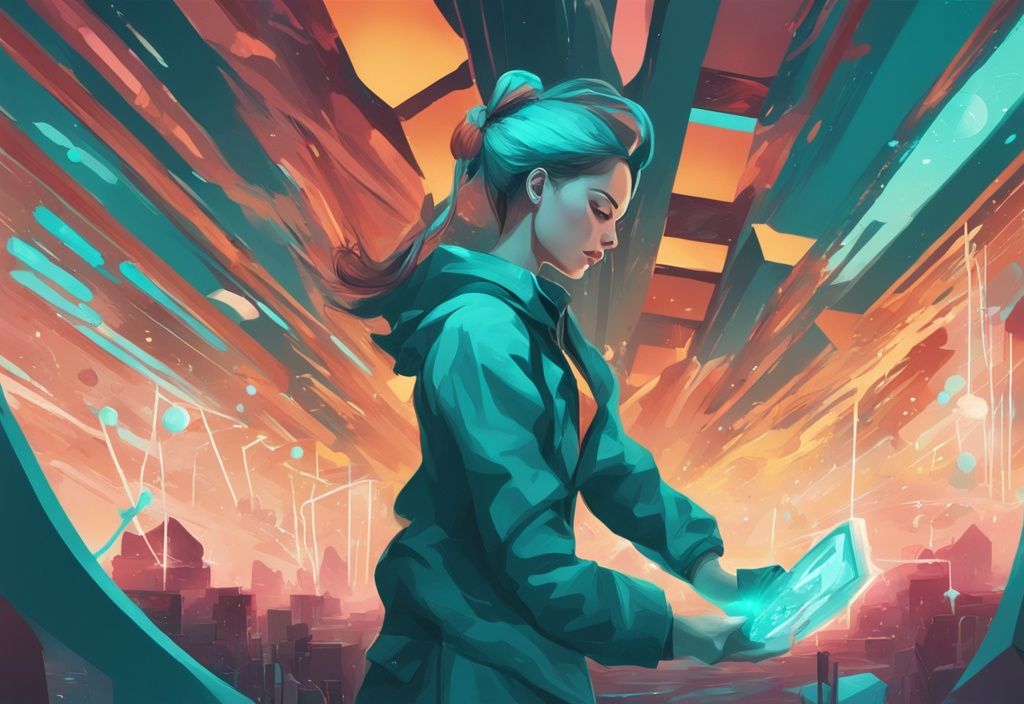 Illustration numérique moderne avec artiste créant un token brillant, ascendant dans le réseau vibrant de Solana, thème de couleur teal, créer un token sur solana.