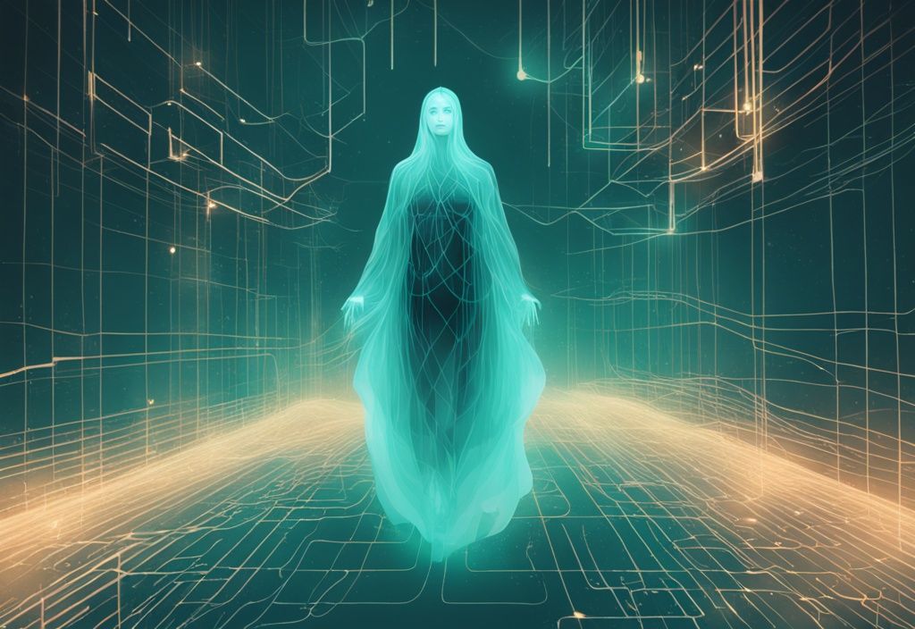 Illustration numérique moderne avec une figure éthérée flottant au-dessus d'une représentation lumineuse de la blockchain Solana, thème de couleur principale teal.