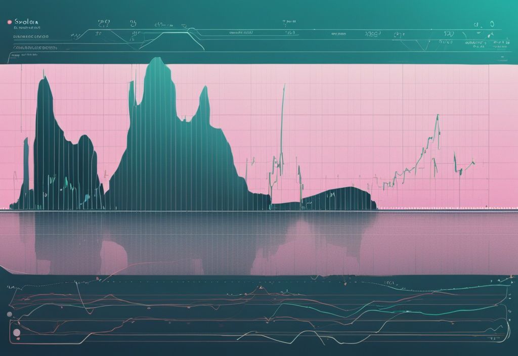 Illustration numérique moderne avec un graphique en ligne sur une interface futuriste, montrant la prédiction de la hausse des prix de Solana dans son prochain cycle haussier, avec des marqueurs d'augmentation et des annotations, thème de couleur principal en teal.