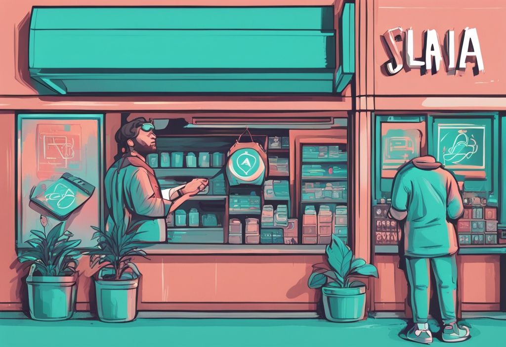 Illustration numérique moderne d'une personne téléchargeant une œuvre d'art numérique sur un marché Solana, avec le logo de Solana et un panneau 'NFT à vendre', thème de couleur principale turquoise.