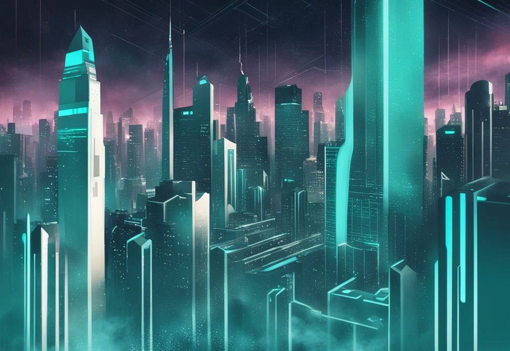 Illustration numérique futuriste d'une ville moderne illuminée par le logo Solana, avec des chiffres binaires, des graphiques et des tableaux flottant vers le haut, symbolisant la croissance de Solana d'ici 2030, thème de couleur principale : teal.