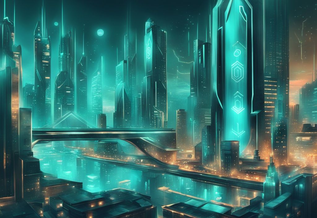 Illustration numérique moderne d'une ville futuriste illuminée avec des éléments de la blockchain Elrond ou Solana, symboles de monnaie numérique et appareils high-tech, thème de couleur principale turquoise.