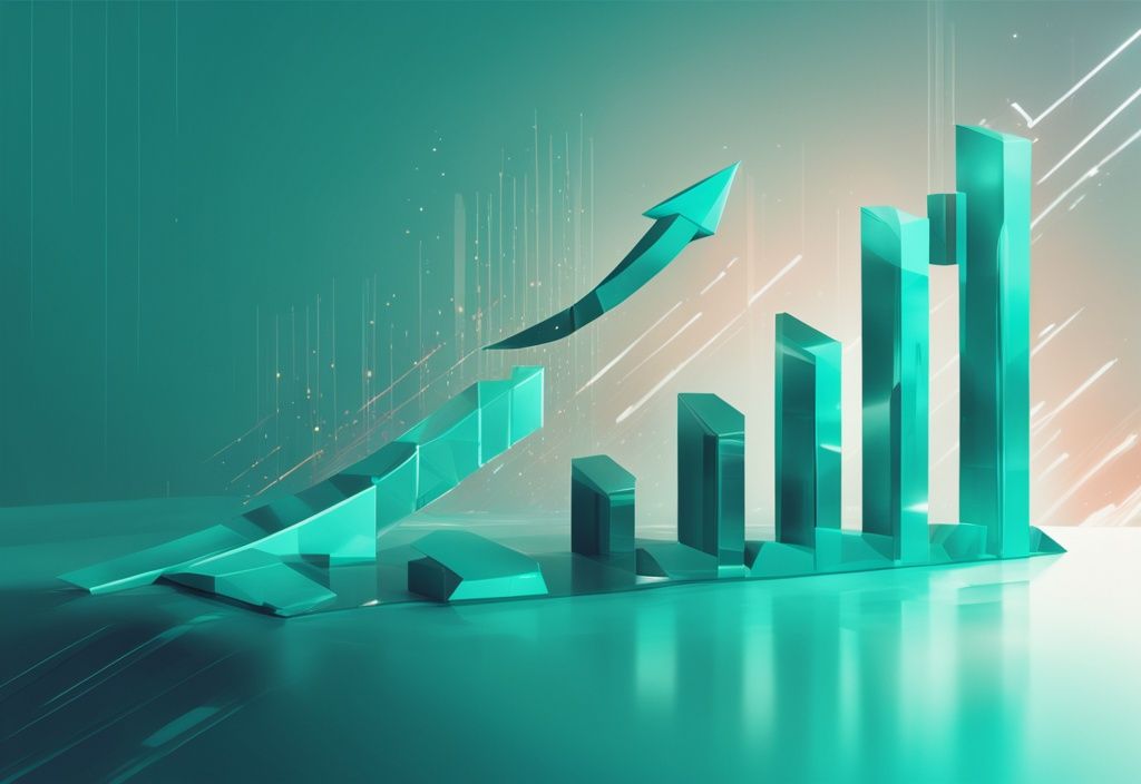 Illustration numérique moderne avec un graphique en barres 3D futuriste en croissance, symbolisant les prévisions Solana 2024, avec le symbole Solana en arrière-plan et une palette de couleurs dominée par le teal.