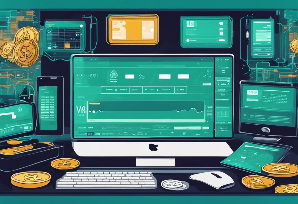 Portefeuille numérique rempli de pièces Solana devant des écrans d'ordinateur affichant des interfaces de trading de cryptomonnaies, thème couleur teal.