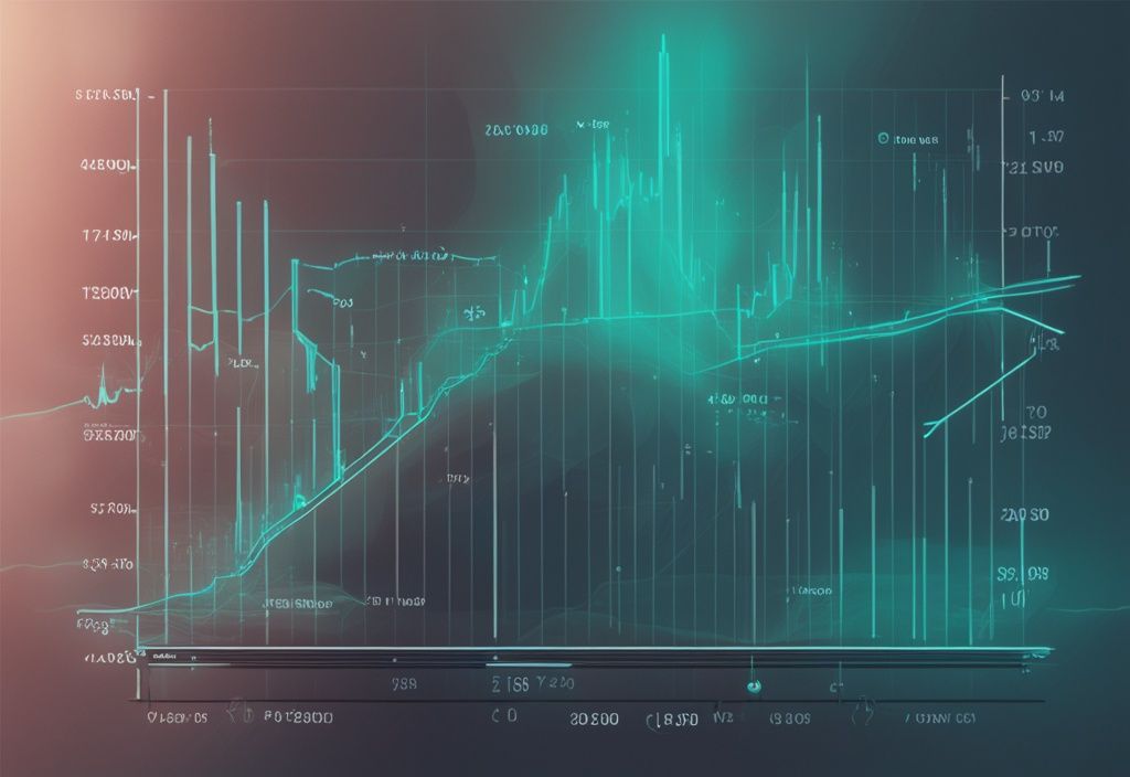 Illustration numérique moderne montrant une interface futuriste avec un graphique en courbes prédisant une hausse des prix de Solana, avec des marqueurs d'augmentation et des annotations, thème couleur teal.